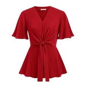 GRACE KARIN Women's Elegant V Neck Peplum Tops Tie Front Short Bell Sleeve Red S